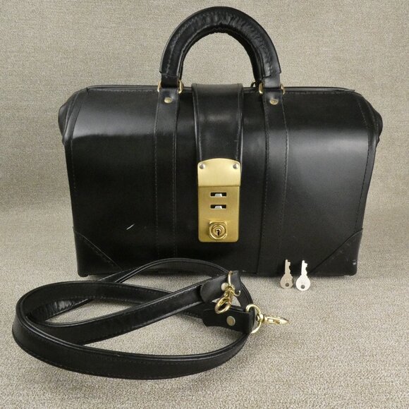Medical Doctor Bag Leather Black Professional Euro Style w/ Removable Strap Key - Picture 1 of 16